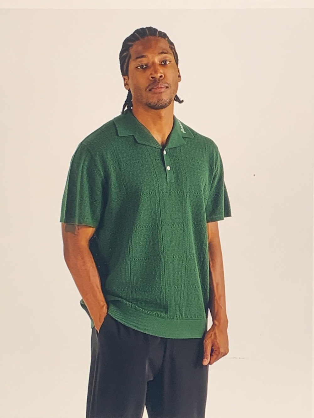 Malbon Men's Green Resort Crochet  Polo with Camp Collar